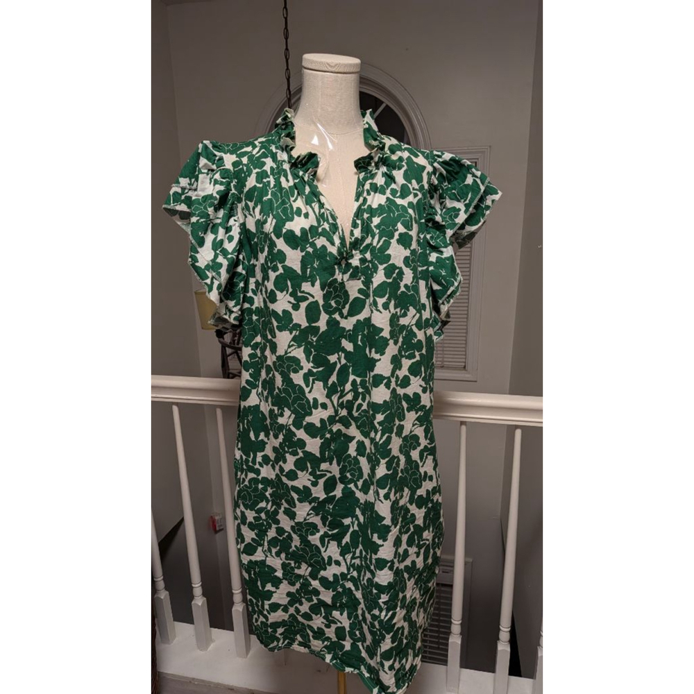 Dalin Green White Floral Ruffle Sleeve Shift Dress Split Neck 2X